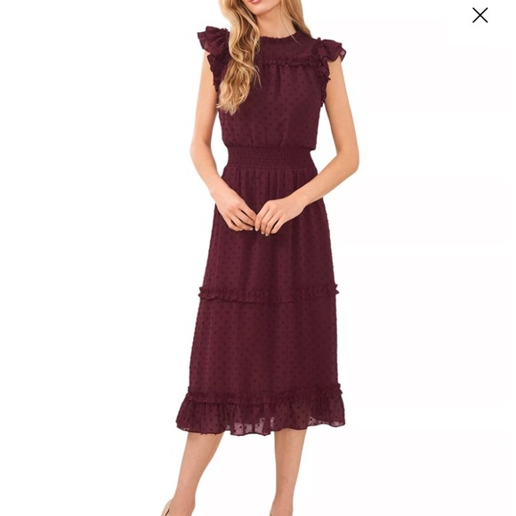 CeCe Women's Ruffled Flutter Sleeve Swiss Dot Midi Dress in Rich Carbernet - Picture 1 of 7